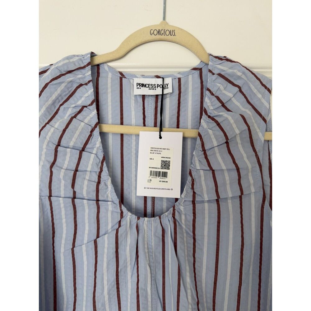 NWT Princess Polly Eberta Ruched Baby Doll Mini Dress Blue Stripe US 4 - Picture 3 of 11